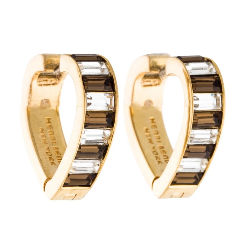 ISO Henri Bendel gold centennial stripe heart huggie hoops